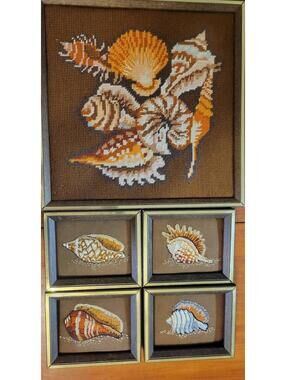 Vintage Set of 5 Framed Cross-Stitch Shell Artworks